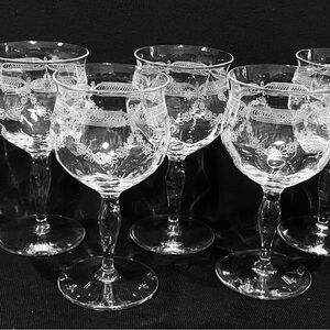 Antique French 1920’s Optic Etched Set of 5 Water Wine Crystal Glasses 6.25”